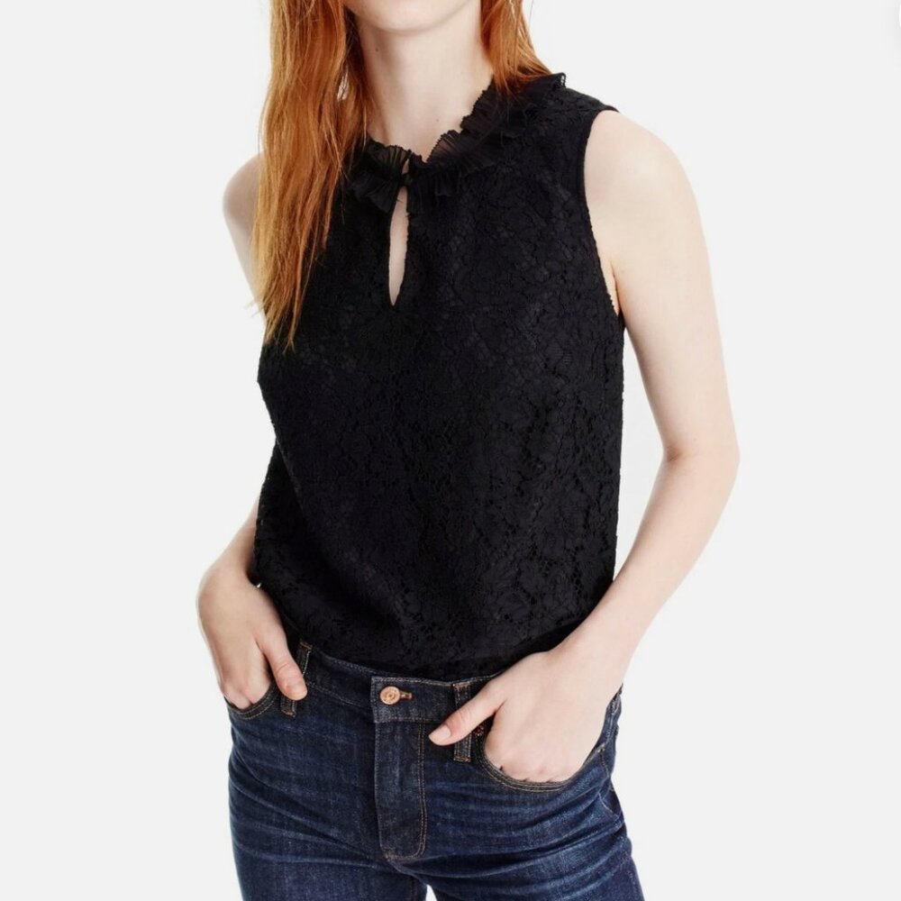 (NWOT) J.Crew Lace Ruffle Neck Blouse with Button Detail - Black, Size SP